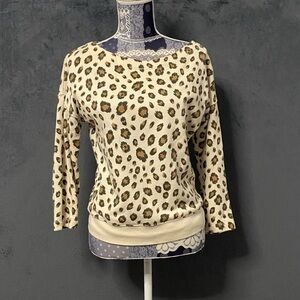 J Crew Sweatshirt Womens XS Leopard Print Boat Neck Cropped Long Sleeve Cotton